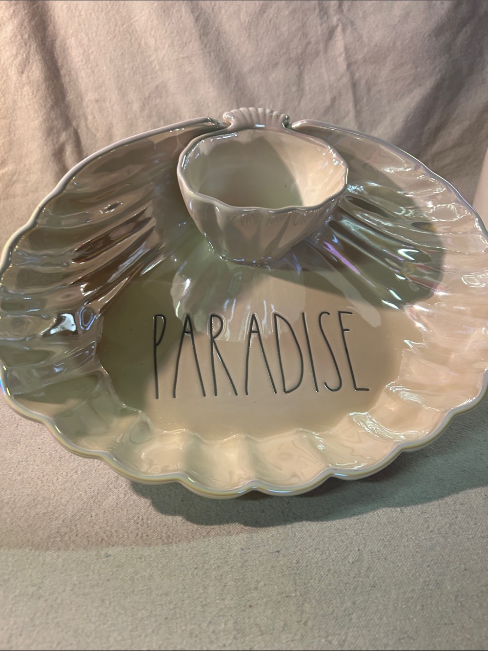 Rae Dunn Cream Shell Platter with Dip Bowl - "PARADISE"